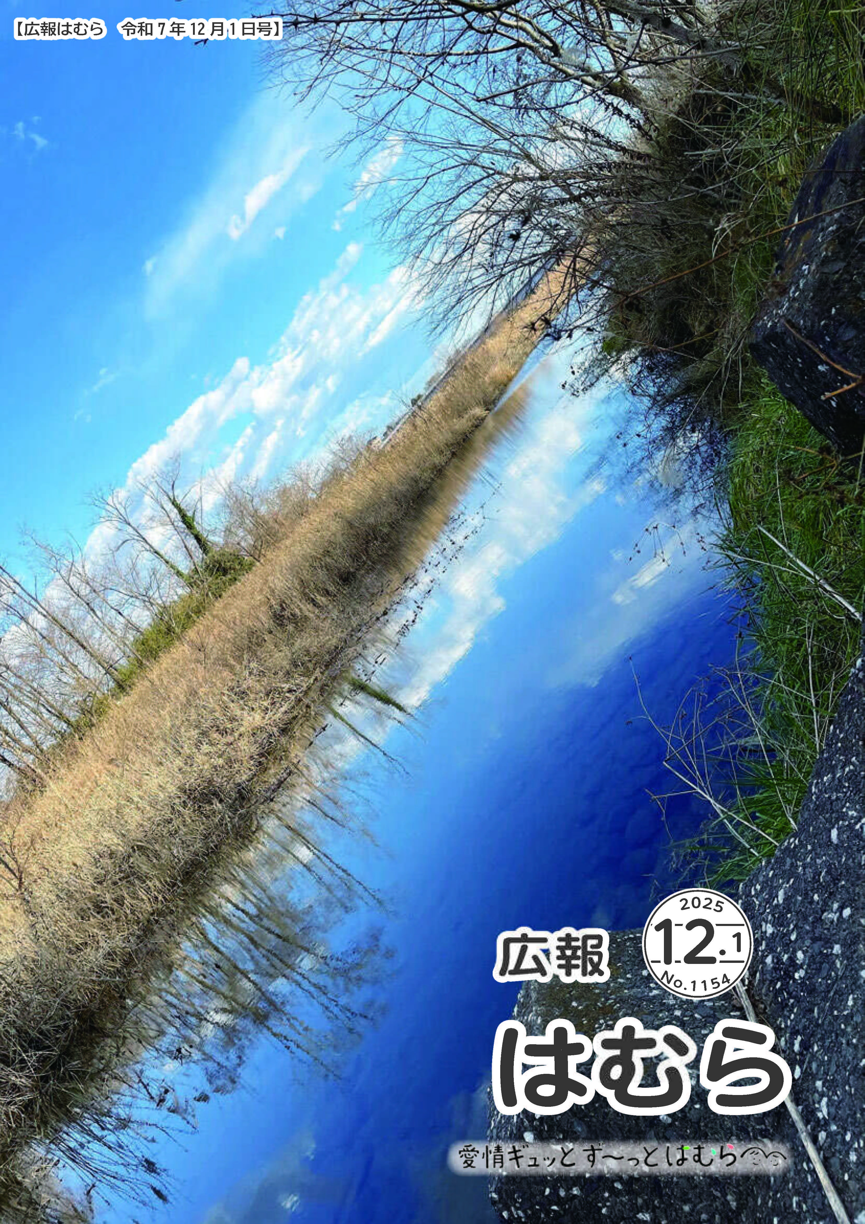 広報はむら12月1日号No.1154表紙(「羽村でもこのような写真が??」山梨県の忍野八海のような青空が水面に反射している写真)